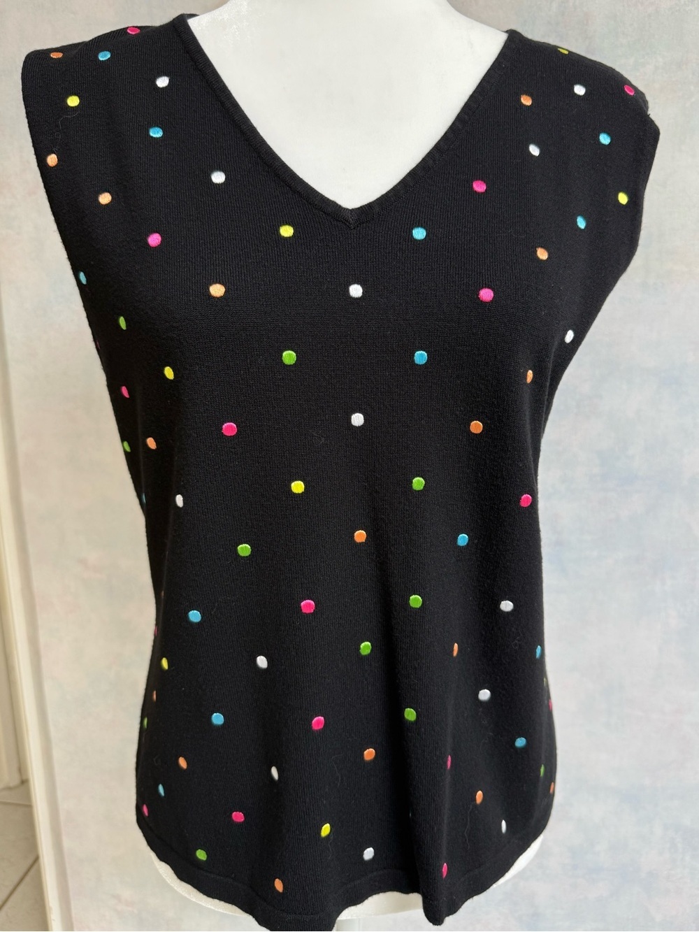 NWOT Dress Barn Black Sweater w/Embroidered colorful bright dots all over it. - Picture 2 of 7